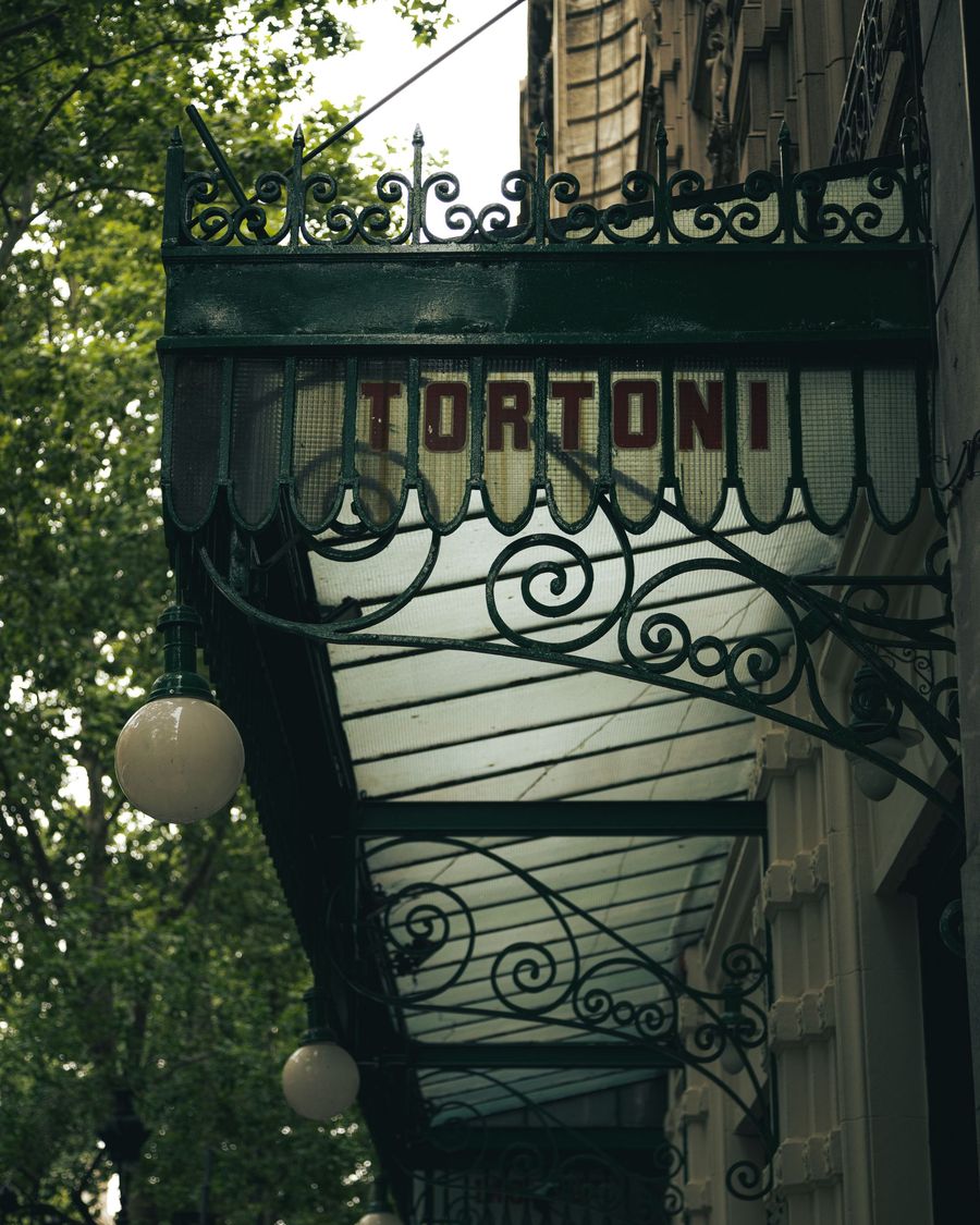 The wrought-iron and glass awning of Café Tortoni in Buenos Aires