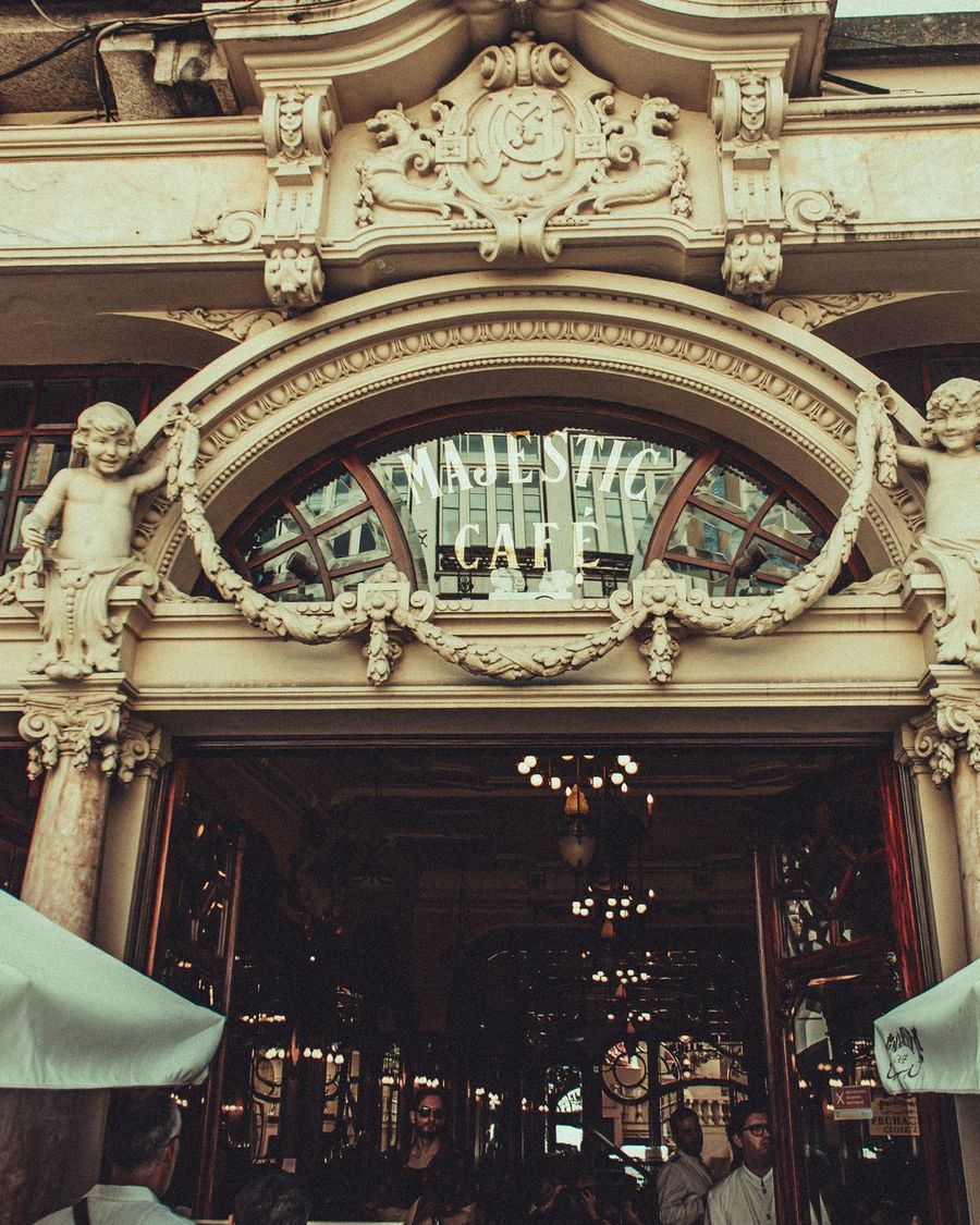 The ornate carved entrance of the Majestic Café in Porto